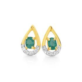 9ct+Gold+Emerald+%26+Diamond+Teardrop+Stud+Earrings