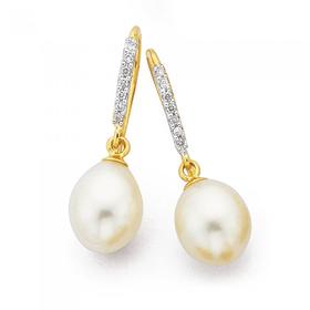 9ct-Gold-Cultured-Fresh-Water-Pearl-Diamond-Pave-Drop-Earrings on sale