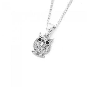 Silver-Cubic-Zirconia-Owl-with-Black-Eyes-Pendant on sale