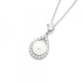 Sterling+Silver+Cultured+Freshwater+Pearl+%26amp%3B+Cubic+Zirconia+Pear+Pendant