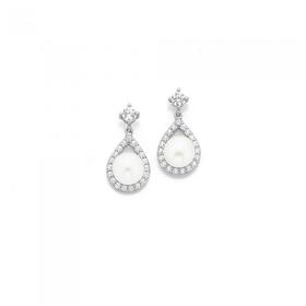Silver-Pearl-CZ-Pear-Drop-Earrings on sale