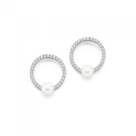 Silver-Pearl-on-Cubic-Zirconia-Circle-Stud-Earrings on sale