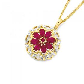 9ct-Gold-Created-Ruby-Diamond-Flower-Pendant on sale