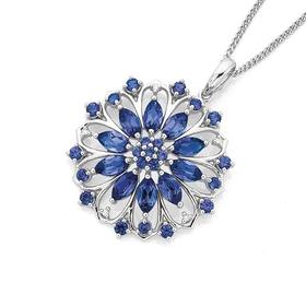 9ct-White-Gold-Created-Sapphire-Diamond-Flower-Pendant on sale