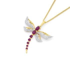 9ct+Gold+Ruby+%26+Diamond+Dragonfly+Pendant