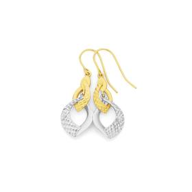 9ct+Two+Tone+Gold+Hook+Drop+Earrings