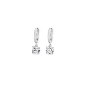 Silver-6mm-Cushion-CZ-Drop-Huggie-Earrings on sale