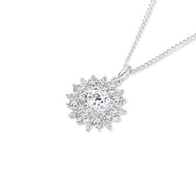 Silver+CZ+Round+Flower+Cluster+Pendant