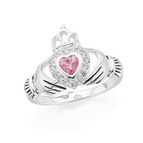 Silver-Pink-CZ-Claddagh-Ring on sale