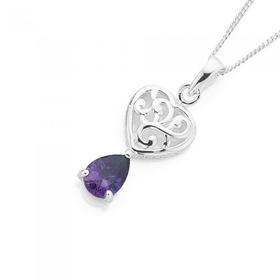 Silver-Pear-Violet-CZ-on-Heart-Pendant on sale