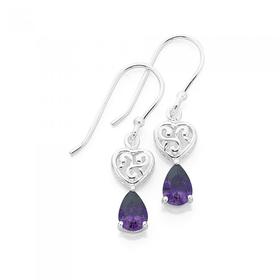 Silver-Violet-CZ-Scroll-Heart-Earrings on sale