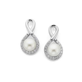 Silver-Pearl-CZ-Infinity-Earrings on sale