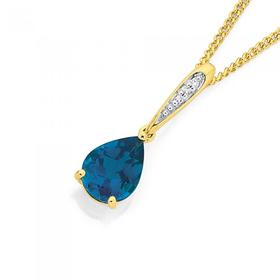 9ct-Gold-London-Blue-Topaz-Diamond-Pear-Drop-Pendant on sale