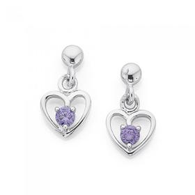 Silver-Violet-CZ-Open-Heart-Drop-Earrings on sale