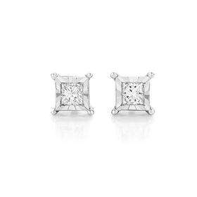 9ct+Gold+Diamond+Princess+Cut+Stud+Earrings