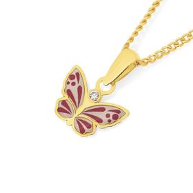 9ct+Gold+Cubic+Zirconia+%26amp%3B+Pink+Enamel+Butterfly+Pendant