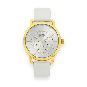 Elite+Ladies+White+Leather+Strap+Watch