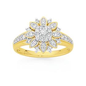 9ct+Gold+Diamond+Flower+Dress+Ring