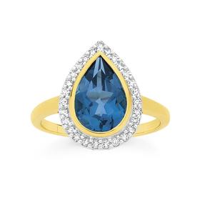 9ct+Gold+Blue+Topaz+%26+.20ct+Diamond+Dress+Ring