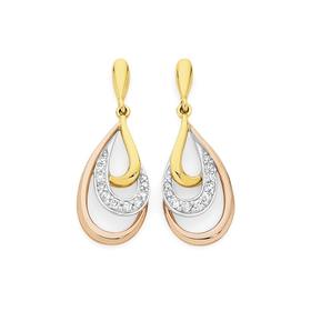 9ct+Gold+Tri+Tone+Diamond+Triple+Teardrop+Stud+Earrings