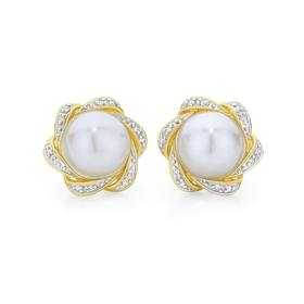 9ct+Gold+Cultured+Freshwater+Pearl+%26amp%3B+Diamond+Stud+Earrings