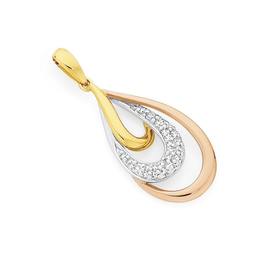 9ct+Gold+Tri+Tone+Diamond+Triple+Teardrop+Pendant