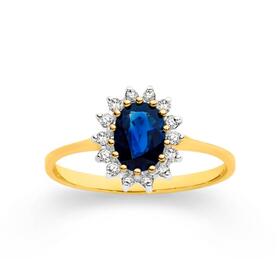 9ct+Gold+Natural+Sapphire+%26+.14ct+Diamond+Ring