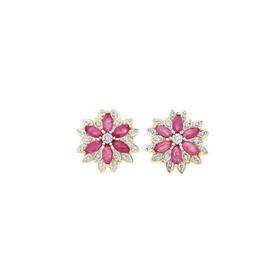 9ct+Gold+Natural+Ruby+and+Diamond+Flower+Stud+Earrings