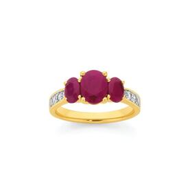 9ct+Gold+Natural+Ruby+%26+.25ct+Diamond+Trilogy+Ring