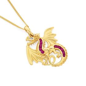 9ct+Gold+Ruby+%26+Diamond+Flying+Dragon+Pendant