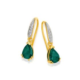 9ct-Gold-Emerald-Diamond-Pear-Hook-Earrings on sale