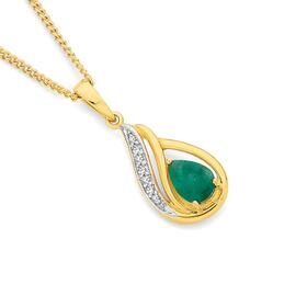 9ct+Gold+Emerald+%26+Diamond+Pendant