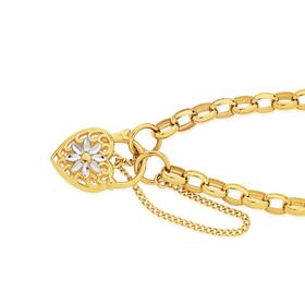 9ct+Gold+Two+Tone+19cm+Solid+Oval+Belcher+Flower+Padlock+Bracelet