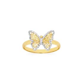 9ct+Gold+Two+Tone+Diamond+Cut+Filigree+Butterfly+Ring