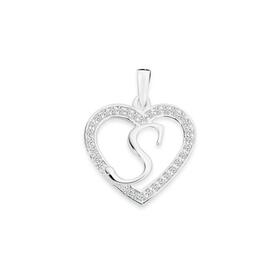 Silver+Initial+S+in+Cubic+Zirconia+Heart+Pendant