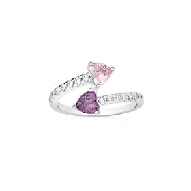 Silver-Pink-and-Violet-Cubic-Zirconia-Heart-Crossover-Ring on sale