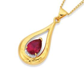 9ct-Gold-Created-Ruby-Diamond-Pear-Shape-Teardrop-Pendant on sale