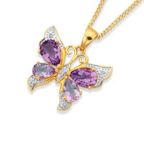 9ct+Gold+Pink+Amethyst+%26amp%3B+Diamond+Butterfly+Pendant