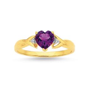 9ct+Gold+Amethyst+%26+Diamond+Heart+Ring