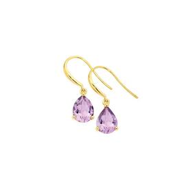 9ct+Gold+Amethyst+Pear+Cut+Hook+Earrings