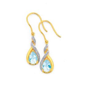 9ct+Gold+Aquamarine+%26amp%3B+Diamond+Drop+Earrings