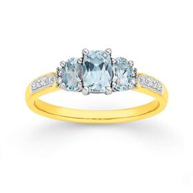 9ct-Gold-Aquamarine-Diamond-Trilogy-Shoulder-Ring on sale