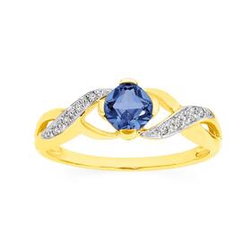 9ct+Gold+Created+Ceylon+Sapphire+%26amp%3B+Diamond+Ring