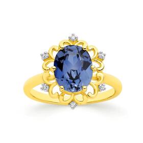 9ct+Gold+Created+Ceylon+Sapphire+%26amp%3B+Diamond+Ring