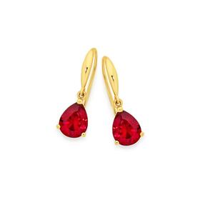 9ct+Gold+Created+Ruby+Pear+Drop+Hook+Earrings