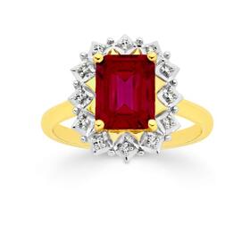 9ct+Gold+Created+Ruby+%26+Diamond++Frame+Ring