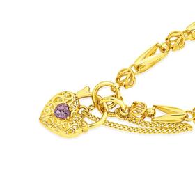 9ct+Gold+19cm+Solid+Tulip+Link+Amethyst+Padlock+Bracelet