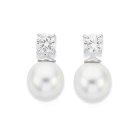 Silver-CZ-Simulated-Pearl-Stud-Earrings on sale