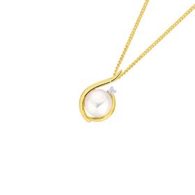 9ct+Gold+Cultured+Freshwater+Pearl+%26+Diamond+Teardrop+Pendant