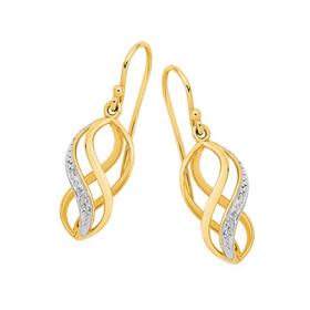 9ct+Gold+Diamond+3D+Open+Twirl+Hook+Earrings